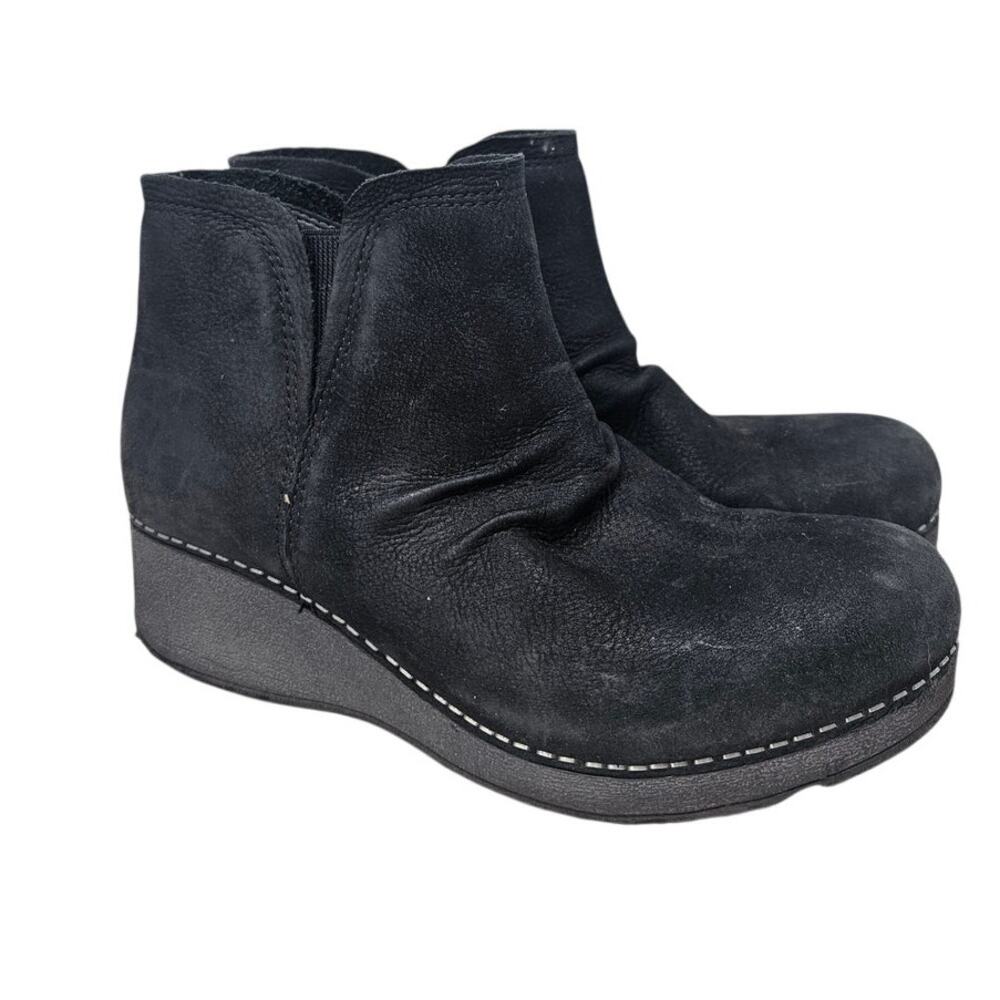 Dansko 37 Caley Black Leather Wedge Ankle Boot Comfort Clog Casual Minimalist
